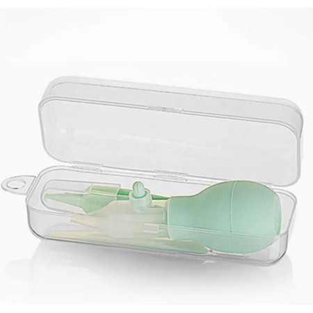 Aspirator nazal manual pentru bebelusi, anti-reflux, varf silicon, cu penseta si cutie depozitare, reutilizabil, verde