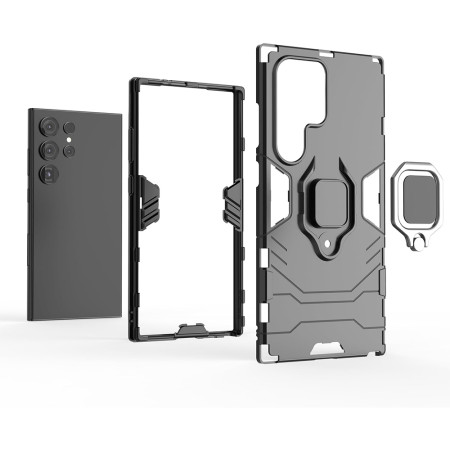 Husa Ring Defender compatibila Samsung Galaxy S24 Ultra, Antishock Armor, Inel rotativ 360 grade, Magnet suport auto incorporat, TPU si PC, Negru