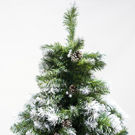 Brad artificial decorat cu conuri pin nins de Craciun 1.8m, pentru perete/colt, 862 ramuri, suport metalic inclus, Verde