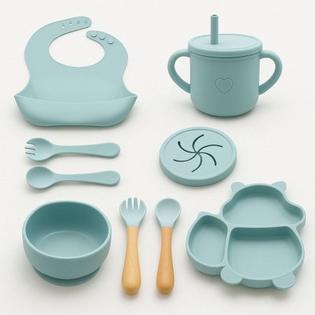 Accesorii diversificare bebelusi 10 piese, silicon alimentar, bol si farfurie cu ventuza, baveta, cana gustari, tacamuri lemn si silicon, baby blue