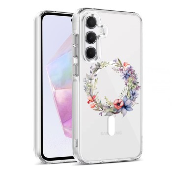 Husa pentru Samsung Galaxy A55 5G, Atasare Magnetica, MagSafe, Pink Wreath 16, Clear