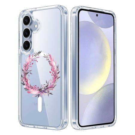 Husa pentru Samsung Galaxy S25, Atasare Magnetica, MagSafe, Pink Wreath 5, Clear