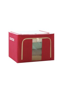 Cutie de Depozitare Pliabilă, 24L, Pânză Oxford, Cadru Metalic, Fermoar Bidirecțional, Fereastră Transparentă, Design cu Buline, 40x30x20 cm, Roșu