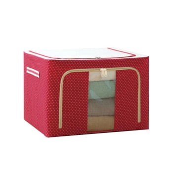Cutie de Depozitare Pliabilă, 24L, Pânză Oxford, Cadru Metalic, Fermoar Bidirecțional, Fereastră Transparentă, Design cu Buline, 40x30x20 cm, Roșu