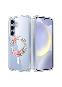 Husa pentru Samsung Galaxy S25, Atasare Magnetica, MagSafe, Pink Wreath 6, Clear