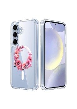 Husa pentru Samsung Galaxy S25, Atasare Magnetica, MagSafe, Pink Wreath 1, Clear