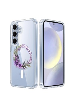 Husa pentru Samsung Galaxy S25, Atasare Magnetica, MagSafe, Pink Wreath 10, Clear