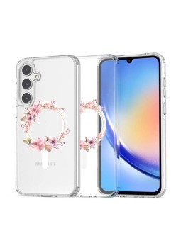 Husa pentru Samsung Galaxy A56 5G, Atasare Magnetica, MagSafe, Pink Wreath 2, Clear