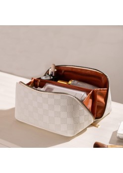 Geantă Cosmetice Călătorie, Piele Ecologică, Impermeabilă, Compartimentată, cu Mâner, Crem cu Carouri, 22x13x12.5 cm