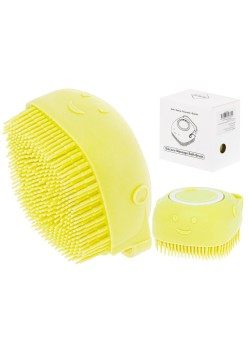 Perie din silicon cu dozator de sampon pentru spalare caini sau pisici, 7,5 x 7,5 cm, culoare galben