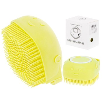 Perie din silicon cu dozator de sampon pentru spalare caini sau pisici, 7,5 x 7,5 cm, culoare galben