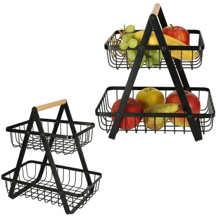 Cos Fructe 2 Etaje Pliabil, Negru, Lemn si Metal, Cu Maner, Design Modern