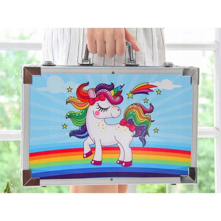 Set pictura copii 145 piese pixuri de colorat, creioane colorate si vopsele de pictura, cu geanta de transport Unicorn