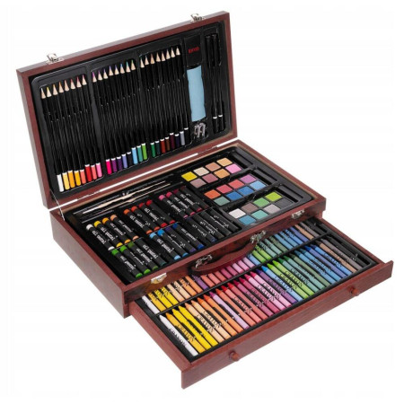 Set de pictura 142 piese pentru copii sau adulti, pixuri de colorat, creioane colorate si vopsele de pictura, Plus geanta de transport Lemn Masiv