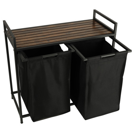 Cos Rufe Mare cu Doua Compartimente, Raft si Blat din Lemn, Cadru Metalic, Negru, 74x68x33.5 cm