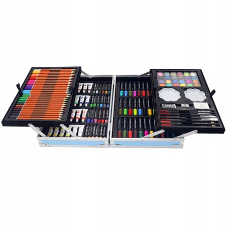 Set 145 piese pentru pictura, pentru copii sau adulti, pixuri de colorat, creioane colorate si vopsele de pictura, cu geanta de transport ALBASTRU DINOZAUR, model AVX-WT-DINART145