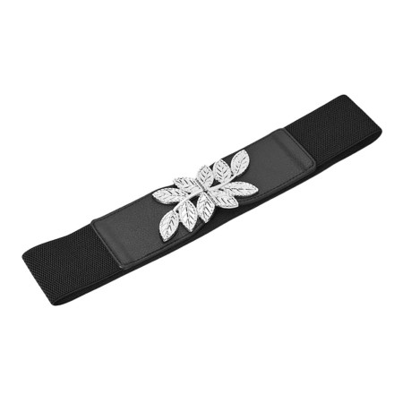 Curea elastica lata, culoare neagra, cu catarama metalica FRUNZE