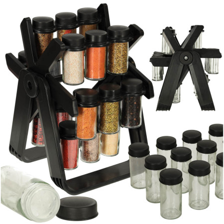 Organizator Condimente cu 18 Borcane si Suport Rotativ, Negru Mat, Sticla + Plastic, 34.5x26x22.5 cm