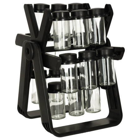 Organizator Condimente cu 18 Borcane si Suport Rotativ, Negru Mat, Sticla + Plastic, 34.5x26x22.5 cm