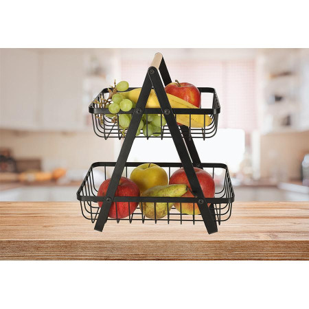 Cos Fructe 2 Etaje Pliabil, Negru, Lemn si Metal, Cu Maner, Design Modern
