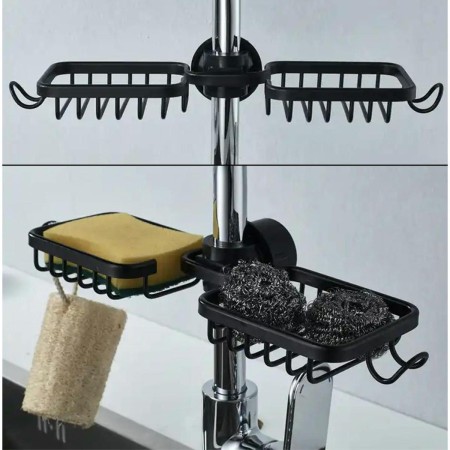 Raft organizator dublu, universal pentru bucatarie sau baie, montaj pe robinet, material otel, culoare Neagra