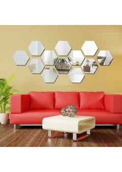 Set 12 panouri autocolante hexagonale oglinda de perete, model Ambiance Mirror, dimensiuni 15,5 x 17,5 cm