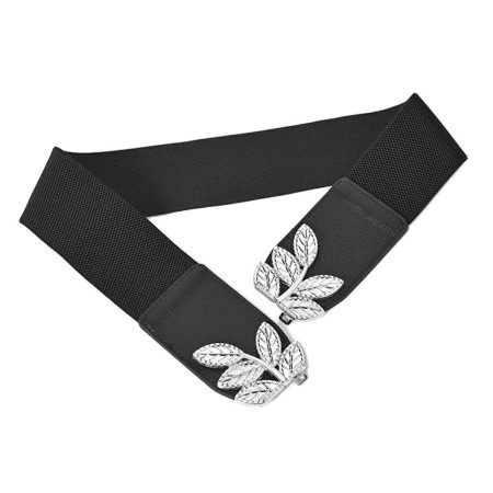 Curea elastica lata, culoare neagra, cu catarama metalica FRUNZE