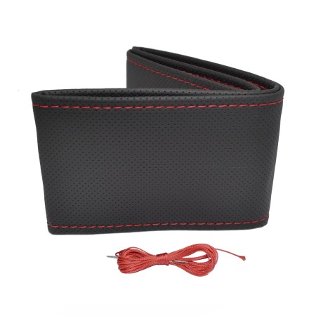 Husa volan din piele ecologica perforata, diametru 37-39 cm, cu ac si ata, Rosu