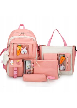 Set 4-in-1 pentru Scolari sau Prescolari - (rucsac, geanta de umar, plic elegant, penar), culoare ROZ cu IEPURAS, Cod AVX-WT-BUNN-PINK