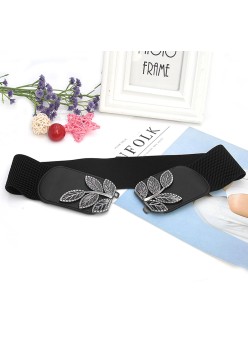 Curea elastica lata, culoare neagra, cu catarama metalica FRUNZE