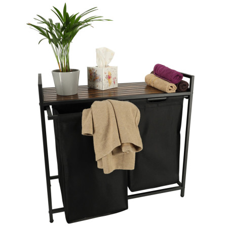 Cos Rufe Mare cu Doua Compartimente, Raft si Blat din Lemn, Cadru Metalic, Negru, 74x68x33.5 cm