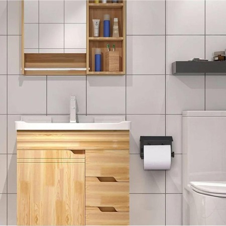 Suport pentru hartie igienica cu raft suplimentar, din otel, culoare neagra cu brat auriu
