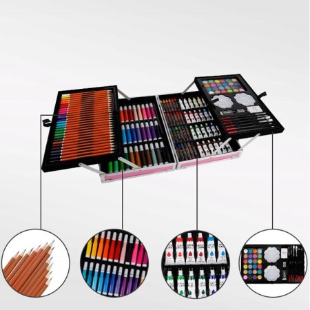 Set 145 piese pentru pictura, pentru copii sau adulti, pixuri de colorat, creioane colorate si vopsele de pictura, cu geanta de transport ROZ, model AVX-WT-BLAKE145