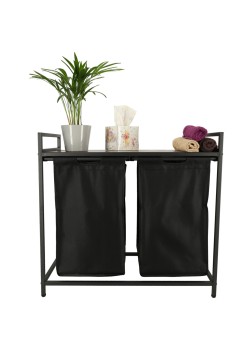 Cos Rufe Mare cu Doua Compartimente, Raft si Blat din Lemn, Cadru Metalic, Negru, 74x68x33.5 cm