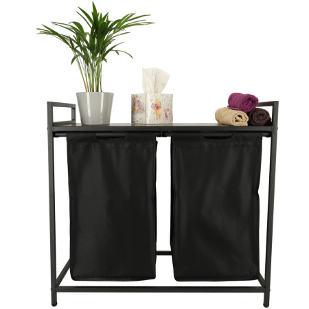 Cos Rufe Mare cu Doua Compartimente, Raft si Blat din Lemn, Cadru Metalic, Negru, 74x68x33.5 cm