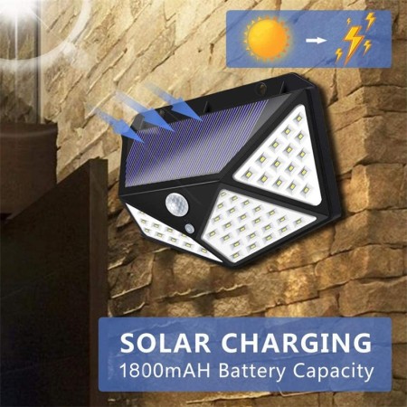 Lampă Solară LED de Exterior, 100 LED, cu Senzor de Mișcare și Senzor Crepuscular, 3 Moduri, Flux 700LM, IP65, Montaj Perete, Neagră