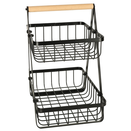 Cos Fructe 2 Etaje Pliabil, Negru, Lemn si Metal, Cu Maner, Design Modern