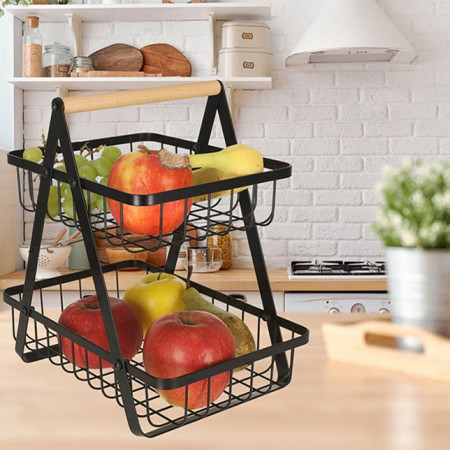 Cos Fructe 2 Etaje Pliabil, Negru, Lemn si Metal, Cu Maner, Design Modern