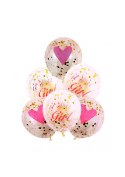Set 6 buc. baloane pentru Zi de Nastere Fetite, culoare Roz cu Confetti