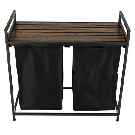 Cos Rufe Mare cu Doua Compartimente, Raft si Blat din Lemn, Cadru Metalic, Negru, 74x68x33.5 cm