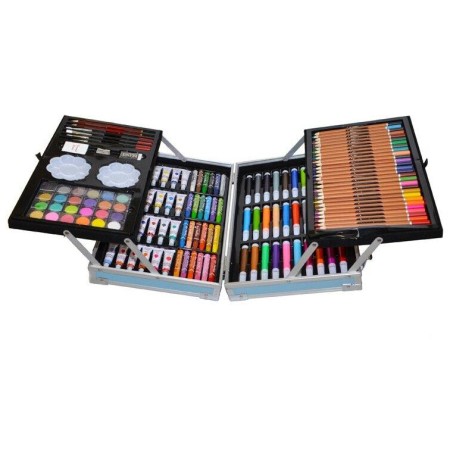Set 145 piese pentru pictura, pentru copii sau adulti, pixuri de colorat, creioane colorate si vopsele de pictura, cu geanta de transport ALBASTRA, model AVX-WT-RUBENS145