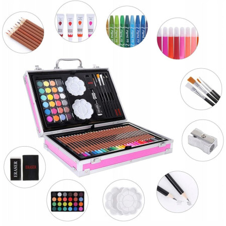 Set de pictura pentru copii sau adulti, 145 piese pixuri de colorat, creioane colorate si vopsele de pictura, Plus geanta de transport Roz