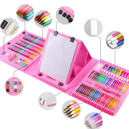 Set 208 piese pentru pictura, pentru copii sau adulti, pixuri de colorat, creioane colorate si vopsele de pictura, cu cutie de depozitare, model AVX-WT-KIDDO-03
