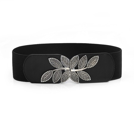 Curea elastica lata, culoare neagra, cu catarama metalica FRUNZE