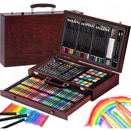 Set 142 piese pentru pictura, pentru copii sau adulti, pixuri de colorat, creioane colorate si vopsele de pictura, cu geanta de transport din LEMN MASIV, model AVX-WT-INGRES142