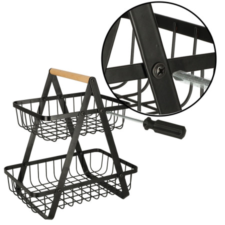 Cos Fructe 2 Etaje Pliabil, Negru, Lemn si Metal, Cu Maner, Design Modern