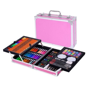 Set 145 piese pentru pictura, pentru copii sau adulti, pixuri de colorat, creioane colorate si vopsele de pictura, cu geanta de transport ROZ, model AVX-WT-BLAKE145