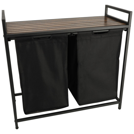 Cos Rufe Mare cu Doua Compartimente, Raft si Blat din Lemn, Cadru Metalic, Negru, 74x68x33.5 cm