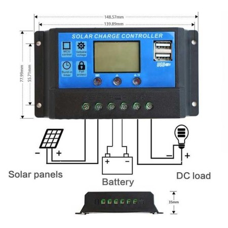 Controler/Regulator de incarcare panou solar, 12 - 24V, 30A, mini dual USB