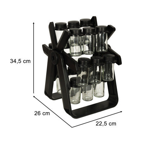 Organizator Condimente cu 18 Borcane si Suport Rotativ, Negru Mat, Sticla + Plastic, 34.5x26x22.5 cm